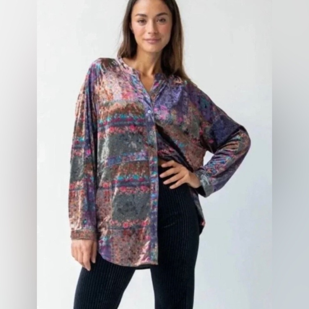 NATURAL LIFE Boho Floral Velvet Button-Front Blouse Women Sz S Oversized
